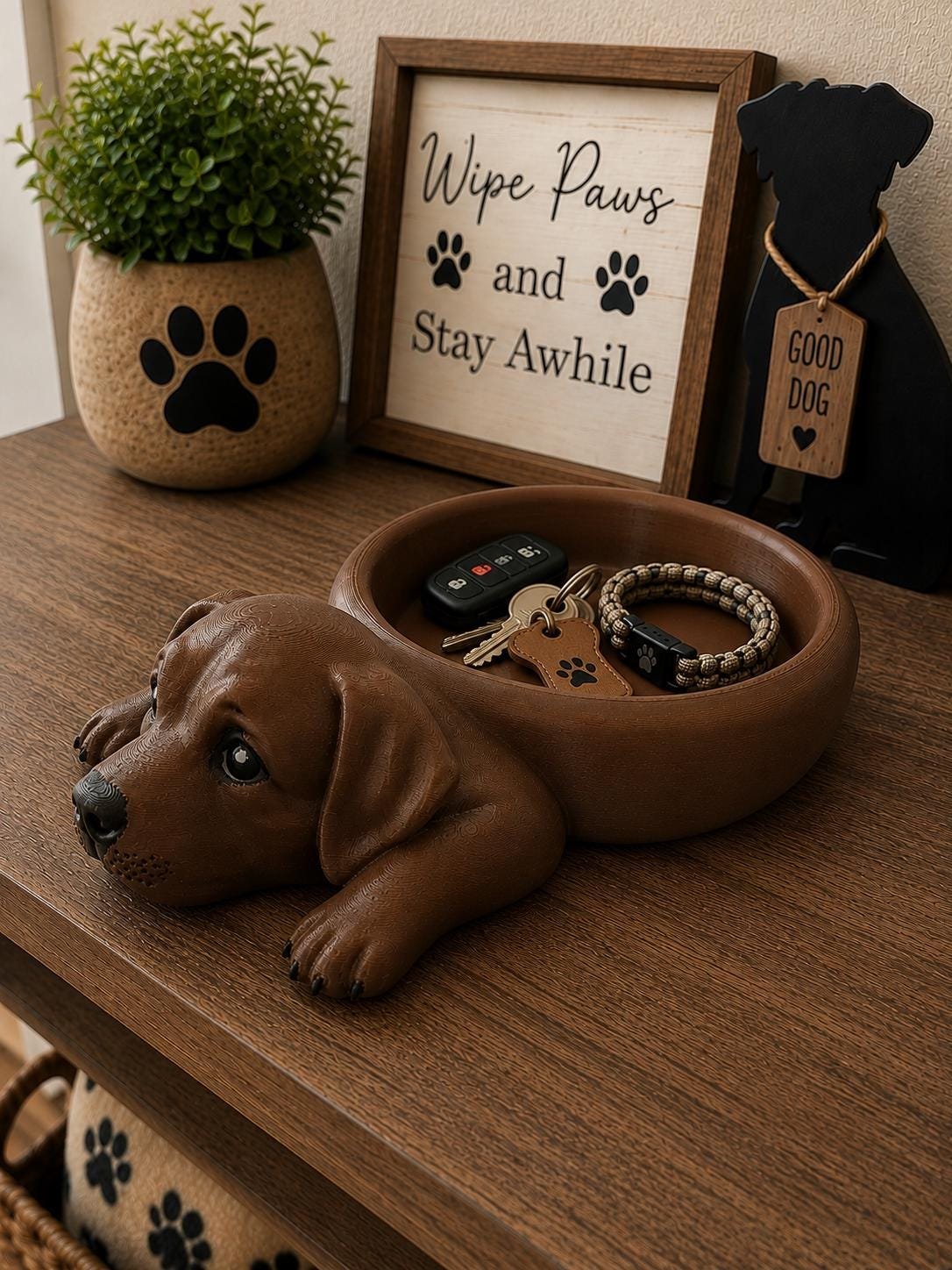 Second view of the Chocolate Labrador catch all tray showing its design and functional details