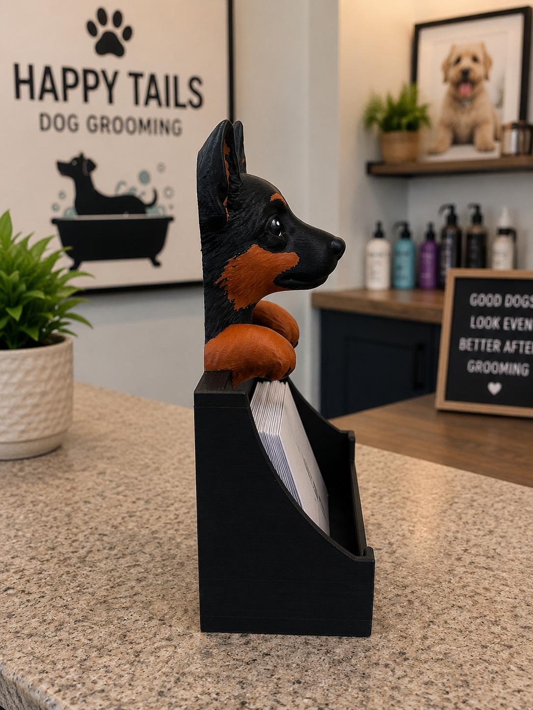 Additional angle of the German Shepherd Business Card Holder showing its shape, size, or use