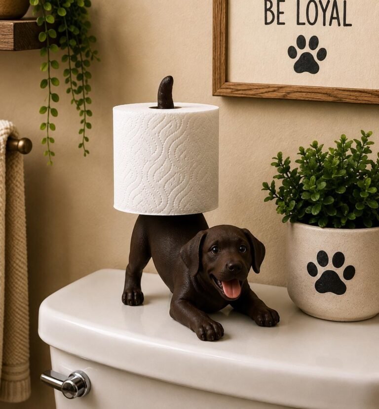 Chocolate Labrador toilet paper holder displayed with a toilet paper roll.