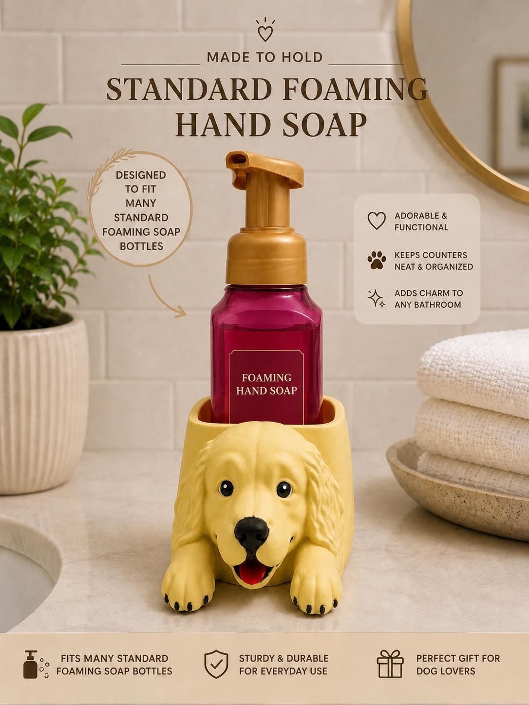 Second view of the Golden Retriever Soap Bottle Holder showing its design and functional details