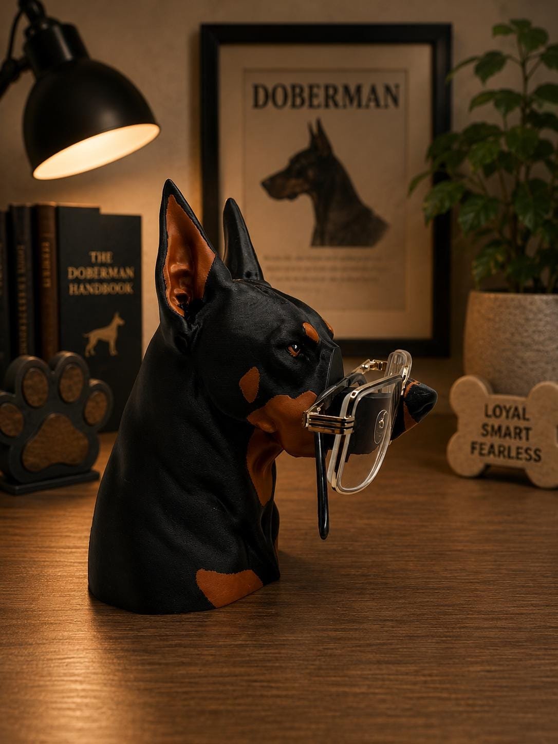 Second view of the Doberman glasses holder showing its design and functional details