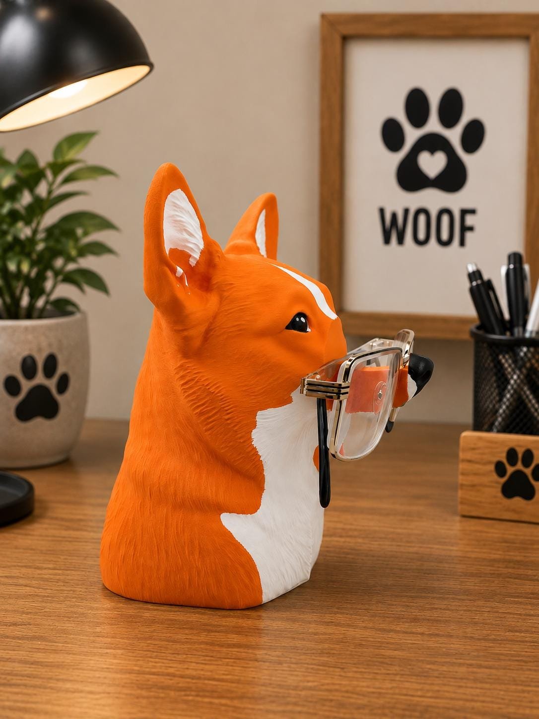 Example showing a dog photo transformed into a personalized corgi glasses holder