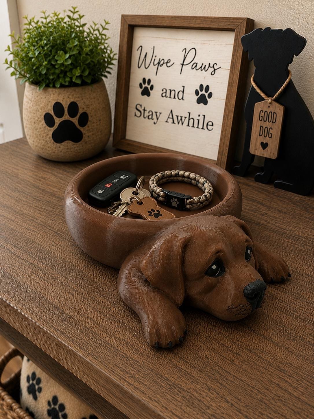 Additional angle of the Chocolate Labrador catch all tray showing its shape, size, or use