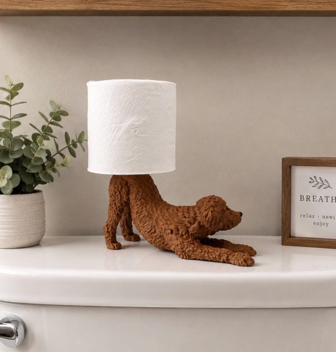 Additional angle of the Golden doodle toilet paper holder toilet paper holders showing its shape, size, or use