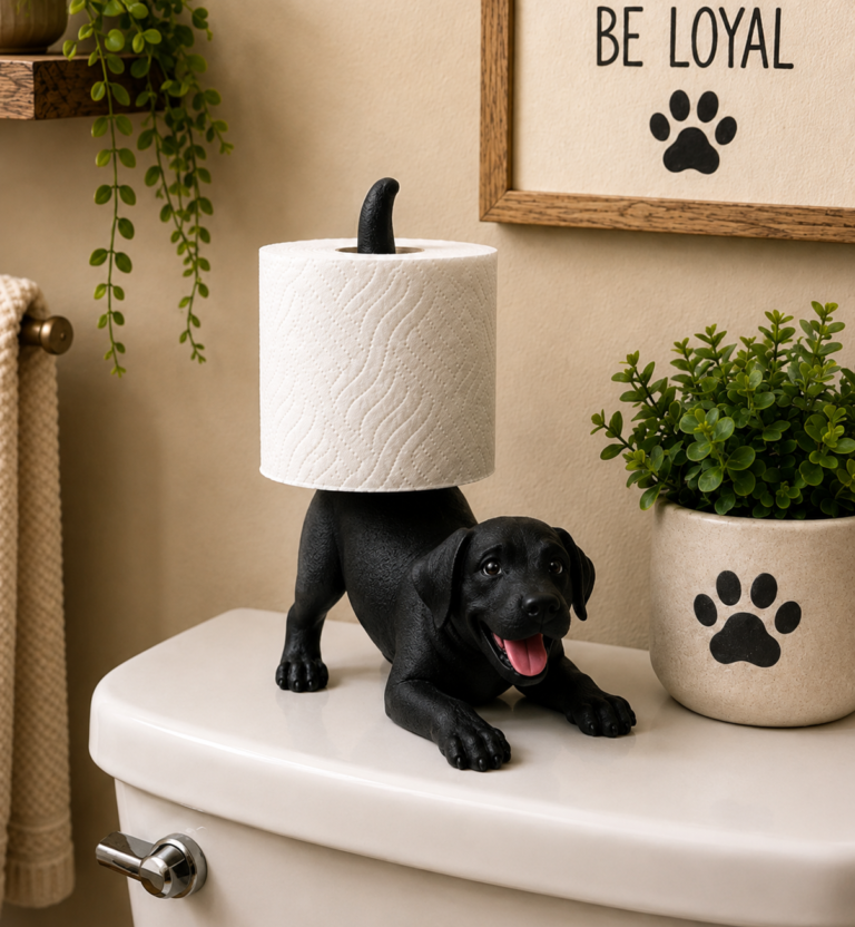 Black Labrador toilet paper holder displayed with a toilet paper roll.
