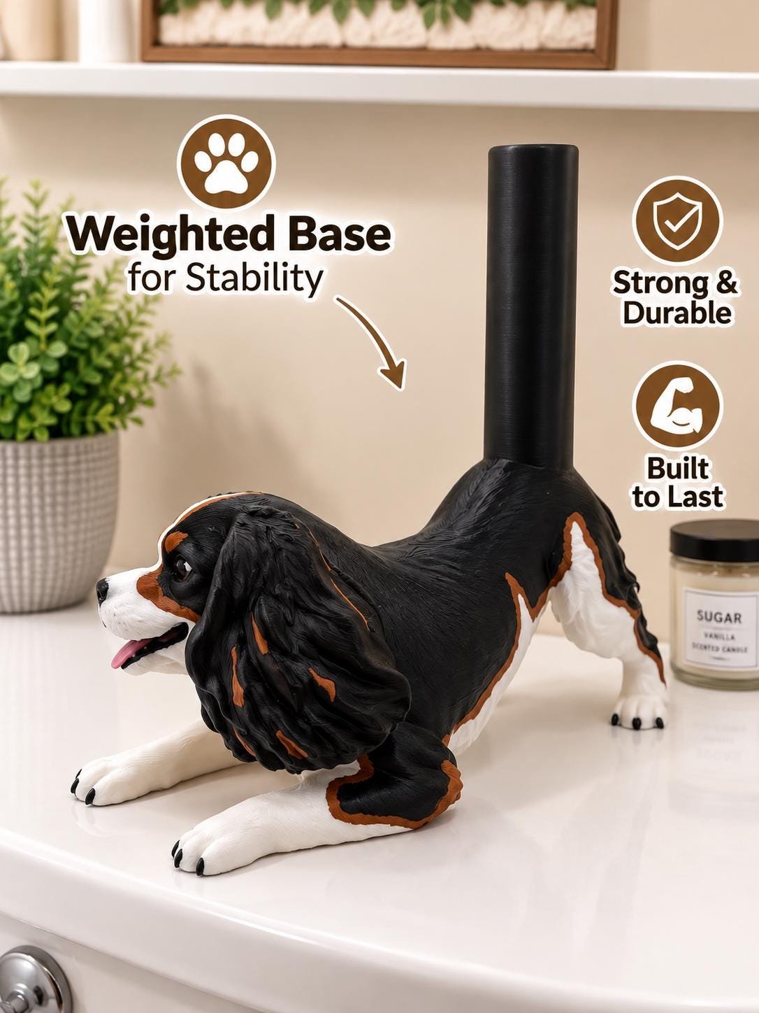 Additional angle of the Tricolor Cavalier king charles toilet paper holder toilet paper holders showing its shape, size, or use