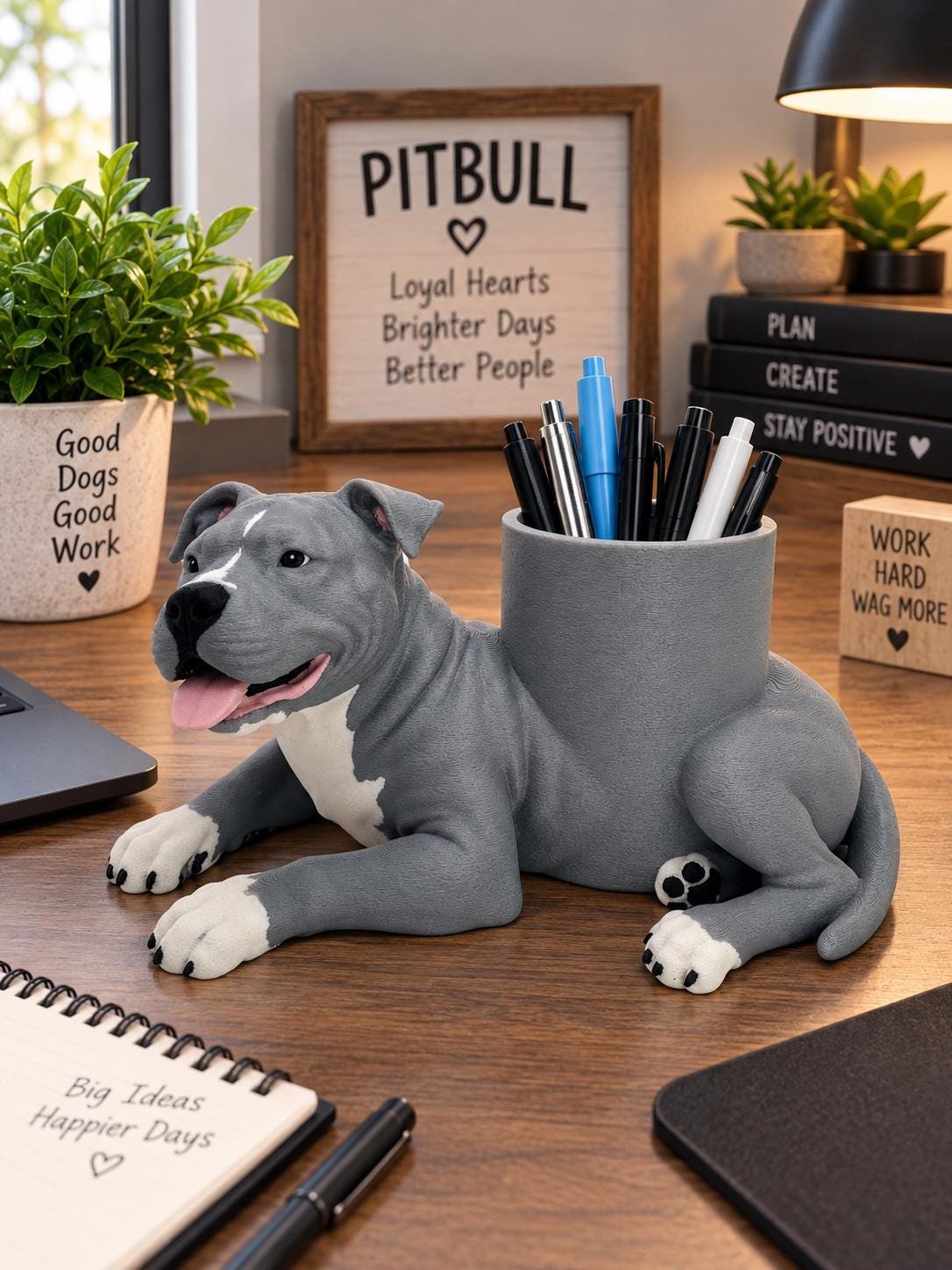 Additional angle of the Pit bull pen holder showing its shape, size, or use