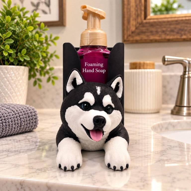 Husky foaming soap bottle holder displayed with a dispenser beside a bathroom sink.
