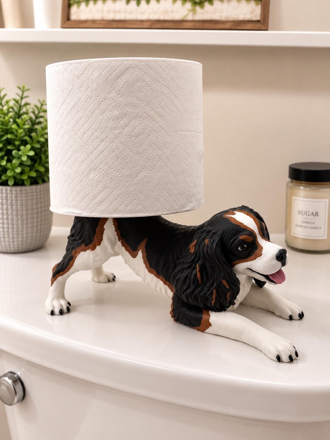 Second view of the Tricolor Cavalier king charles toilet paper holder toilet paper holders showing its design and functional details