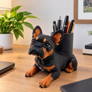 French Bulldog pen holder displayed in a styled product setting