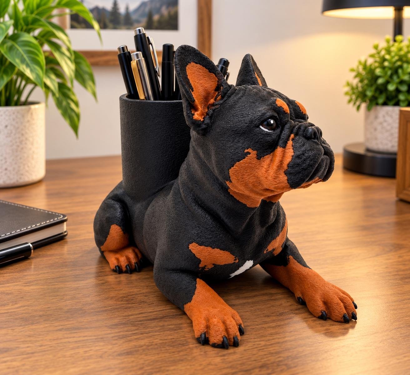Second view of the French Bulldog pen holder showing its design and functional details
