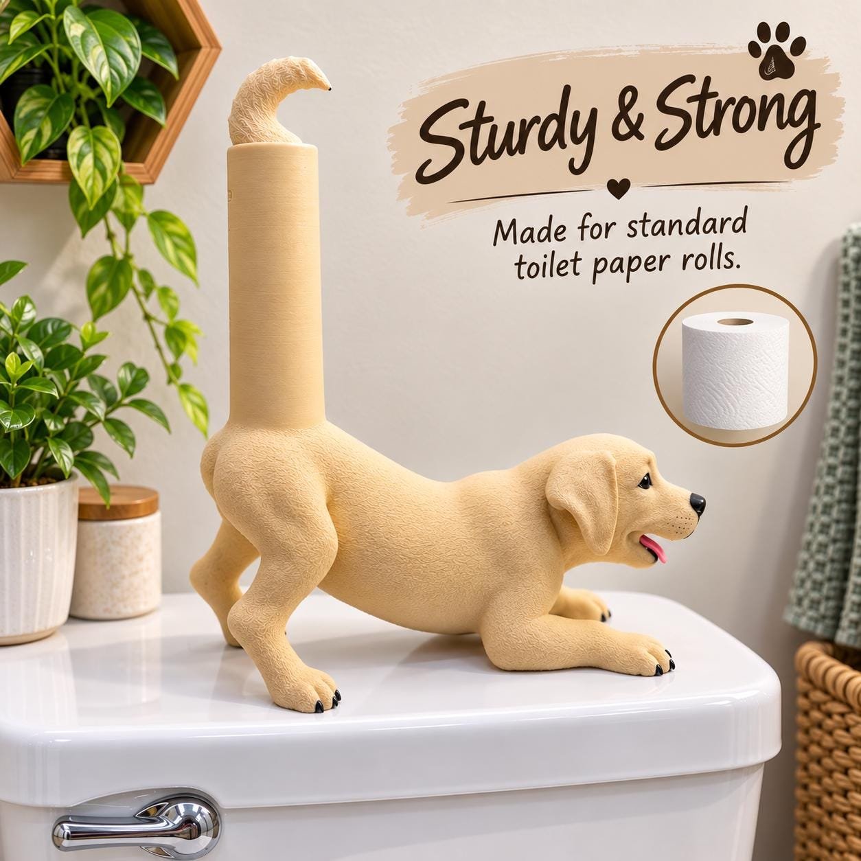 Additional angle of the Yellow Lab Toilet paper holder toilet paper holders showing its shape, size, or use