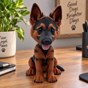 German shepherd bobble head product displayed in a styled product setting